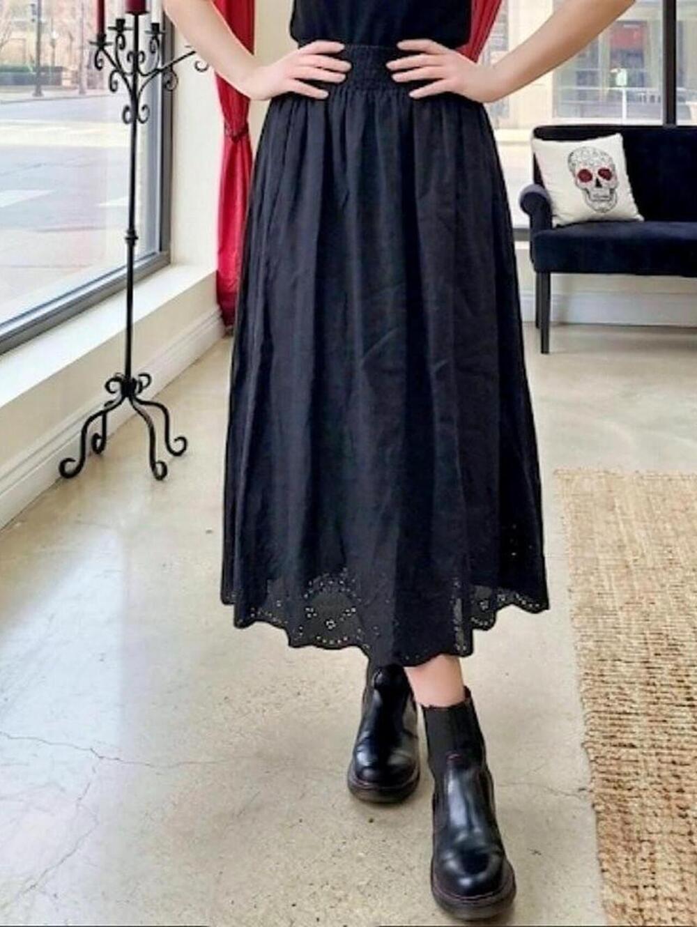 100% linen Black eyelet hem midi skirt with smocked elastic waist